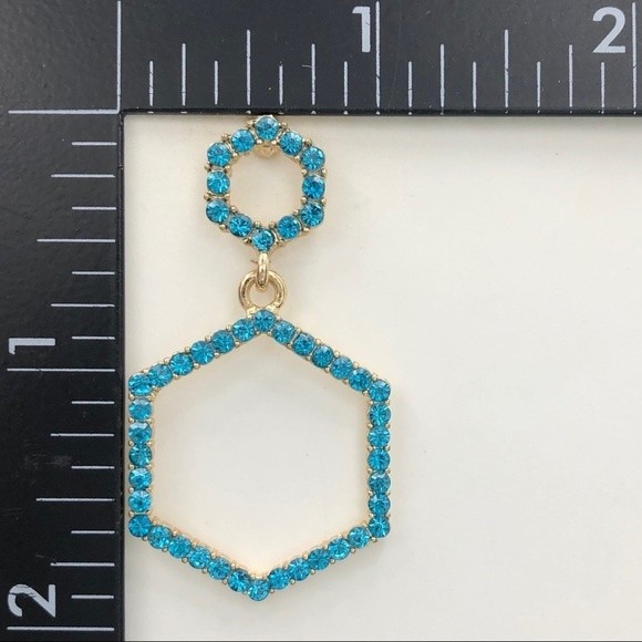🌼 Aqua Blue Rhinestone Fancy Hexagon Drop Earrings - Picture 2 of 2